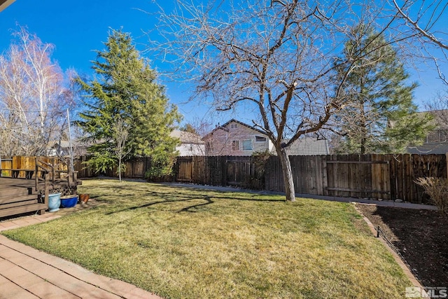 view of yard with a fenced backyard and a wooden deck