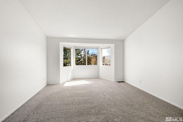 empty room with a textured ceiling, carpet, and baseboards