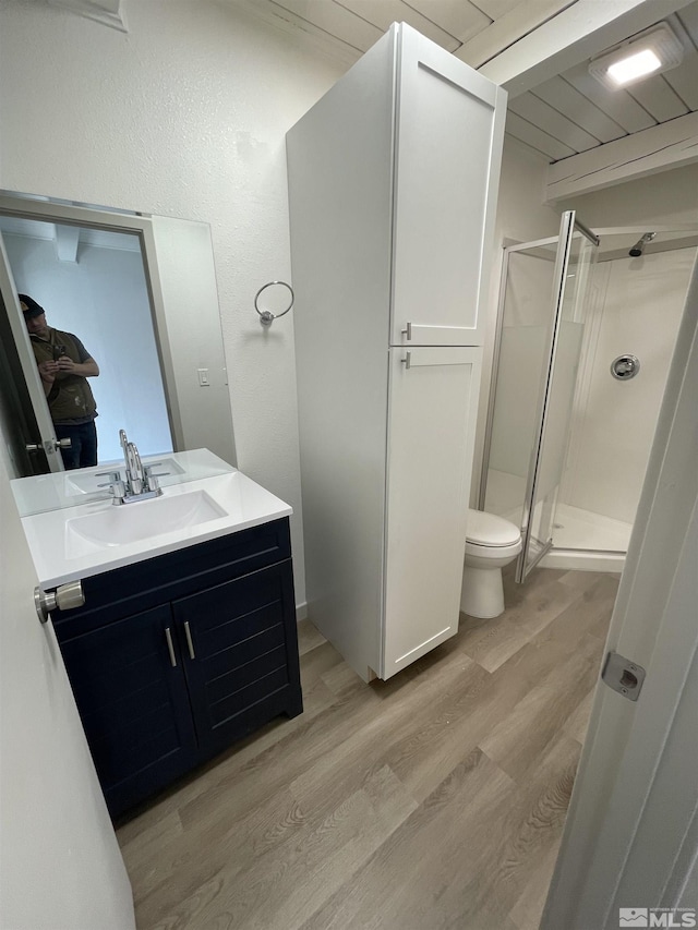 bathroom with toilet, a shower stall, wood finished floors, and vanity