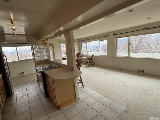 kitchen with stainless steel appliances, light colored carpet, open floor plan, and visible vents