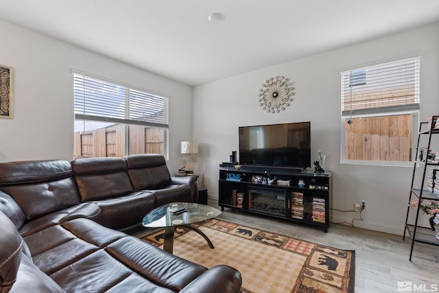 living area featuring baseboards and wood finished floors