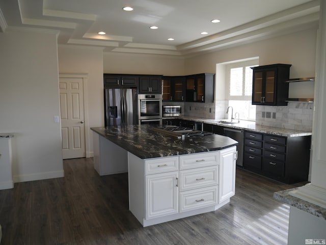 kitchen with dark wood-style flooring, a tray ceiling, stainless steel appliances, and a sink