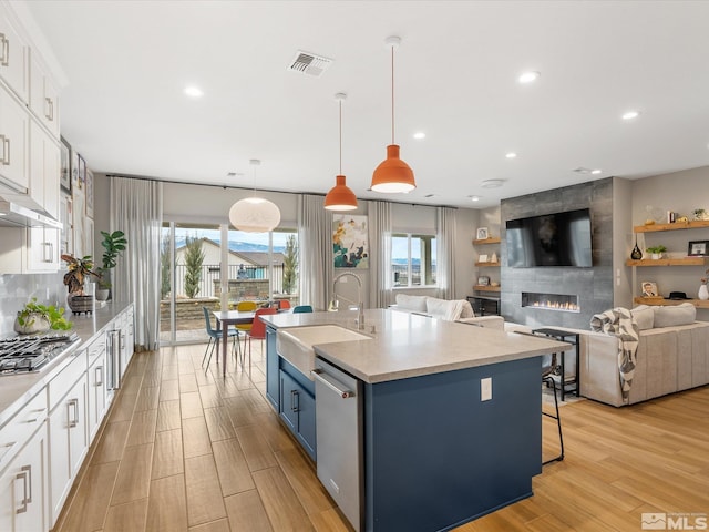 kitchen featuring blue cabinets, a sink, visible vents, white cabinets, and appliances with stainless steel finishes