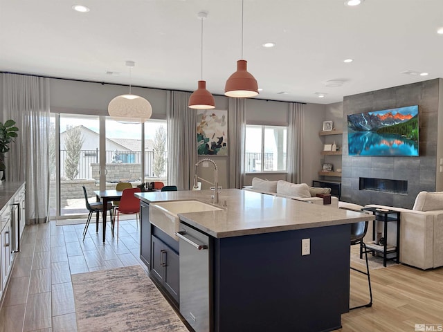 kitchen featuring a fireplace, light wood finished floors, stainless steel dishwasher, open floor plan, and a sink