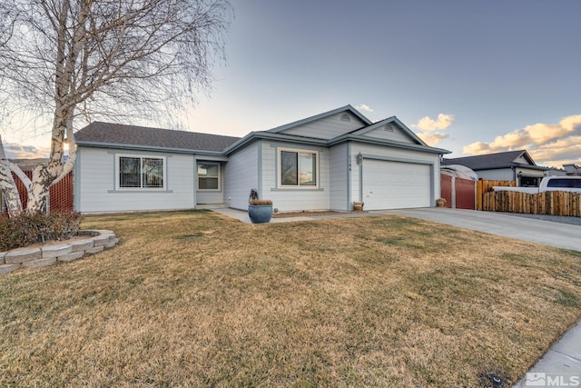 single story home featuring concrete driveway, a front lawn, an attached garage, and fence