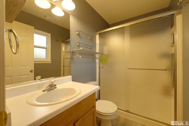 bathroom with visible vents, toilet, tile patterned flooring, vanity, and a shower stall