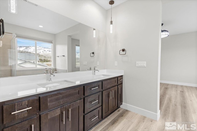 full bath featuring double vanity, a sink, baseboards, and wood finished floors