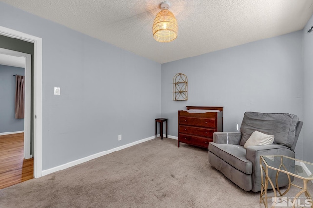 sitting room with carpet floors, baseboards, and a textured ceiling