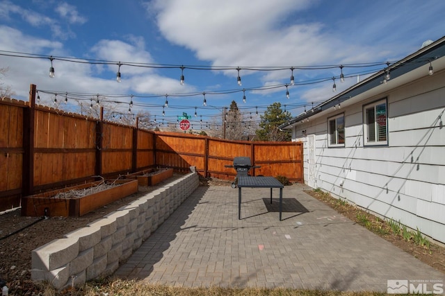 view of patio / terrace with a fenced backyard and a vegetable garden