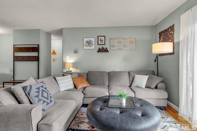 living area featuring light wood-type flooring, baseboards, and a textured ceiling