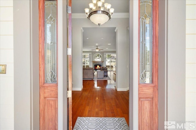 entryway with ornamental molding, a warm lit fireplace, an inviting chandelier, and wood finished floors