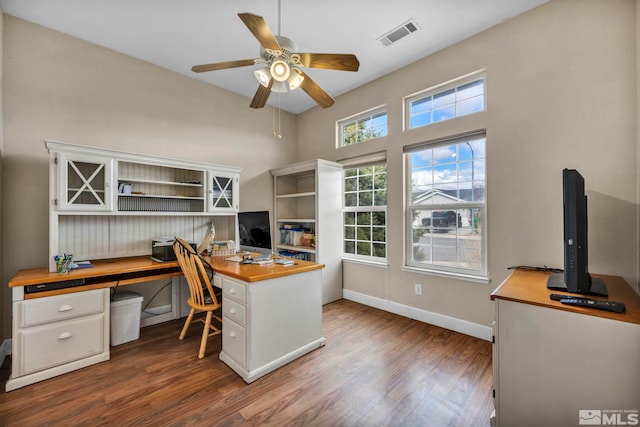 office area with a ceiling fan, wood finished floors, visible vents, and baseboards