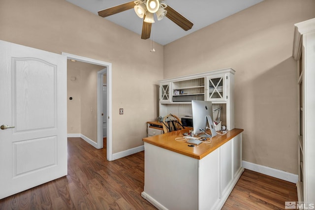 office space with dark wood-style floors, a ceiling fan, and baseboards