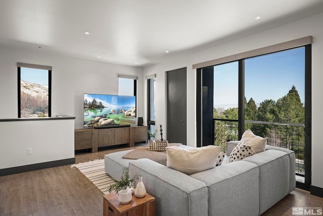 living area with a healthy amount of sunlight, wood finished floors, and recessed lighting