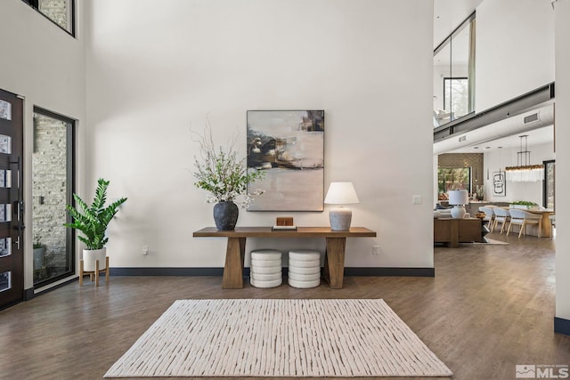 foyer entrance featuring a high ceiling, wood finished floors, visible vents, and baseboards