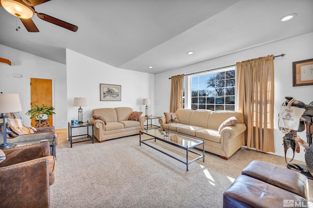 living area with vaulted ceiling, baseboards, a ceiling fan, and recessed lighting