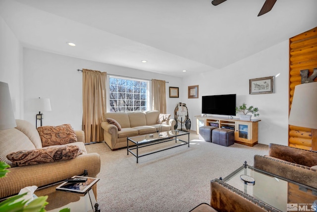 living room with lofted ceiling, carpet floors, a ceiling fan, and recessed lighting