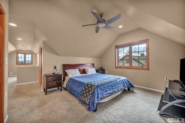 carpeted bedroom with lofted ceiling, ceiling fan, baseboards, and recessed lighting