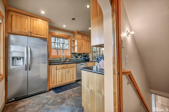 kitchen with dark countertops, appliances with stainless steel finishes, open shelves, backsplash, and recessed lighting