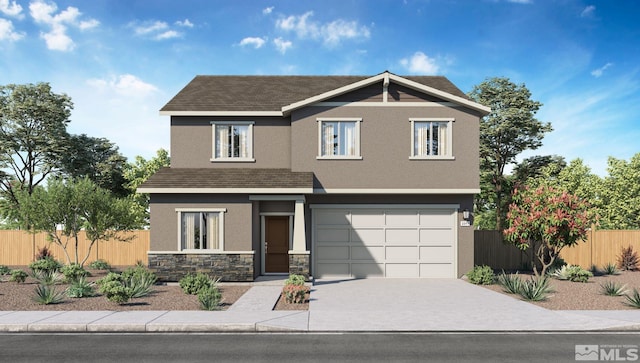 view of front of property featuring driveway, stone siding, an attached garage, and fence