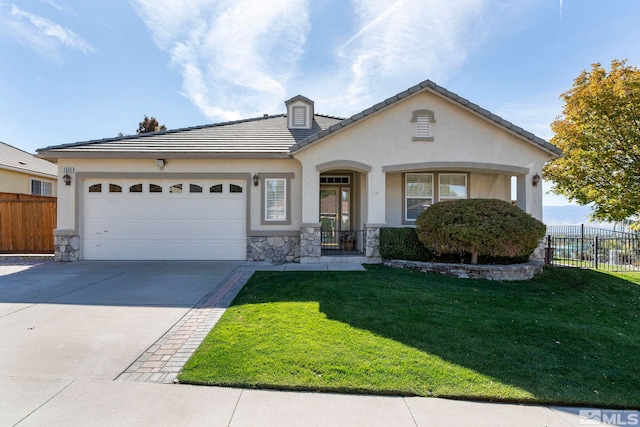 view of front of house featuring concrete driveway, fence, an attached garage, and stucco siding