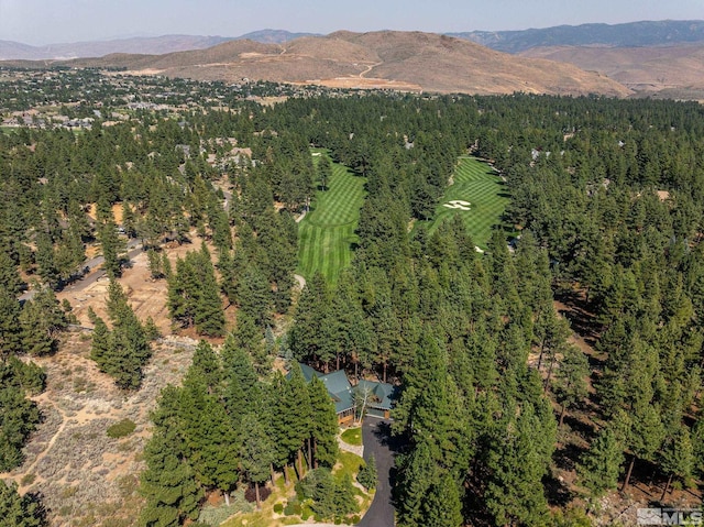 birds eye view of property with a wooded view and a mountain view