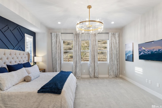 carpeted bedroom featuring a notable chandelier, recessed lighting, and baseboards