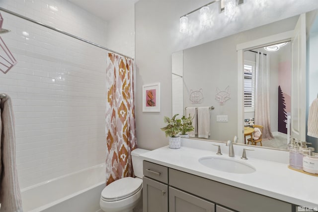 full bathroom featuring toilet, shower / tub combo, and vanity