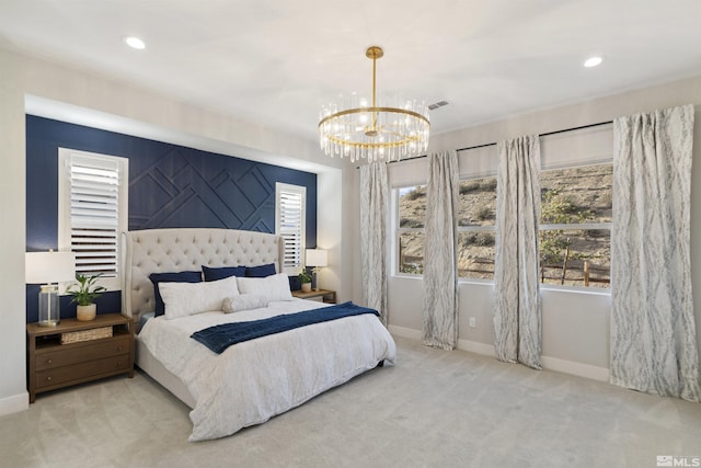 carpeted bedroom with baseboards, multiple windows, visible vents, and recessed lighting