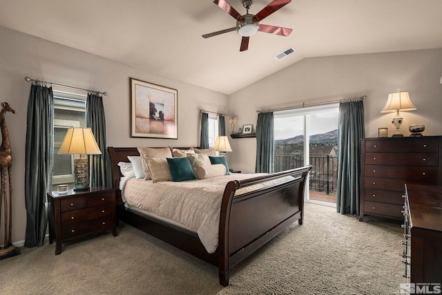 bedroom featuring light carpet, visible vents, a ceiling fan, access to exterior, and vaulted ceiling