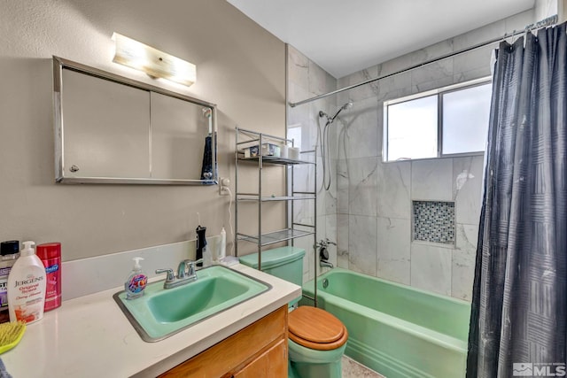 bathroom with shower / bath combination with curtain, vanity, and toilet