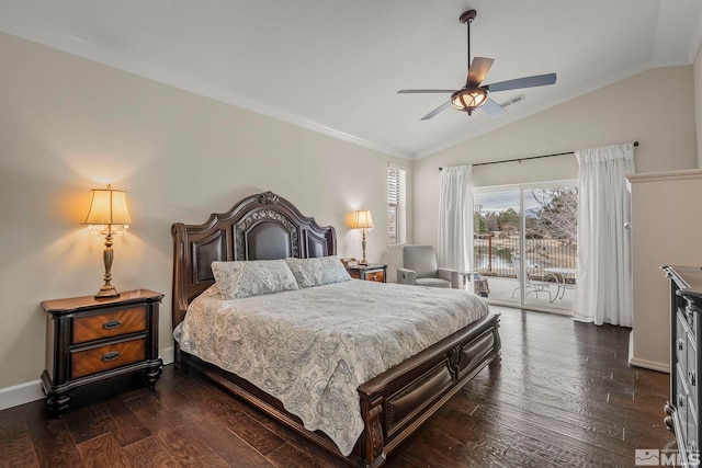 bedroom with access to outside, dark wood-style flooring, visible vents, and lofted ceiling