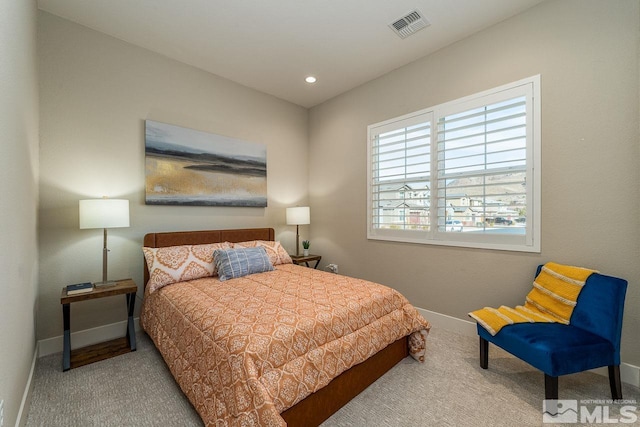 bedroom with recessed lighting, carpet, visible vents, and baseboards