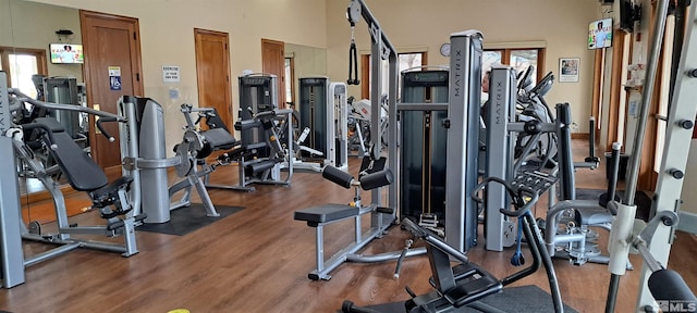 exercise room with a high ceiling and wood finished floors