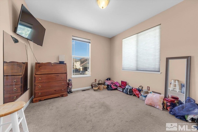 game room featuring visible vents, baseboards, and carpet flooring