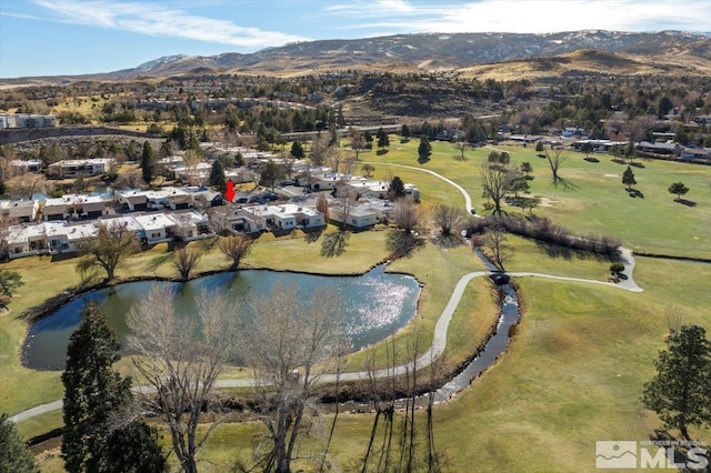 bird's eye view featuring a water and mountain view