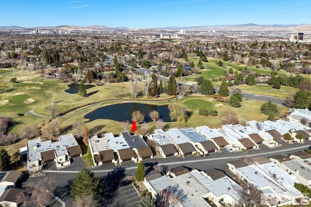 bird's eye view with a residential view, view of golf course, and a water and mountain view