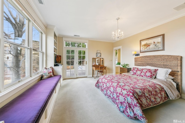 bedroom featuring ornamental molding, light carpet, a chandelier, access to outside, and baseboards