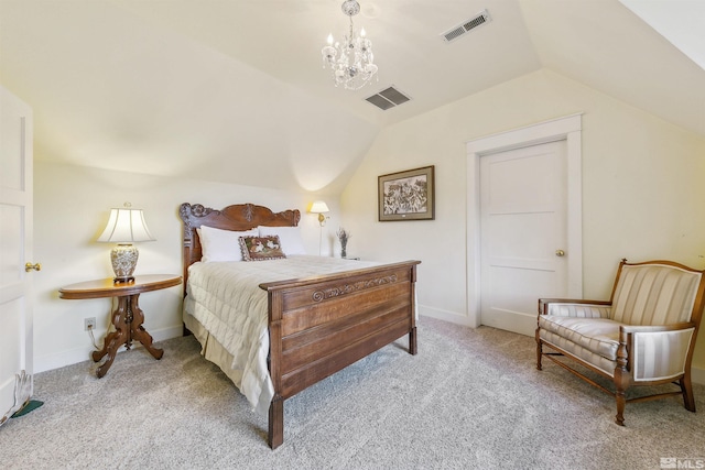 bedroom with carpet floors, visible vents, vaulted ceiling, and baseboards