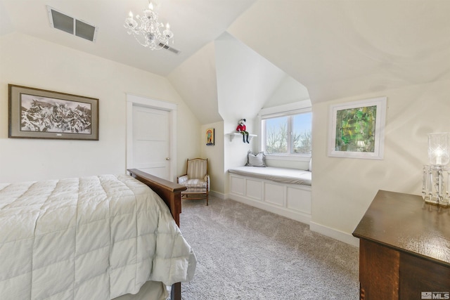 carpeted bedroom featuring vaulted ceiling, baseboards, visible vents, and a notable chandelier