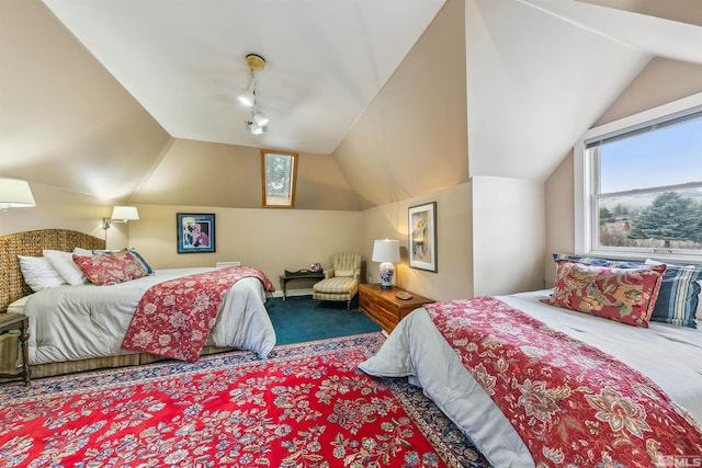 bedroom with a ceiling fan, lofted ceiling, carpet flooring, and track lighting