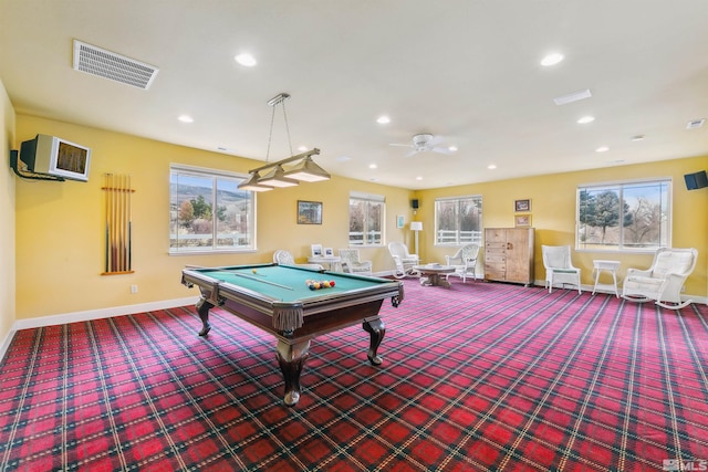 game room with carpet, recessed lighting, visible vents, and baseboards