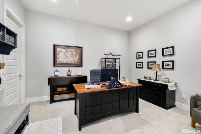 office space with light carpet, recessed lighting, and baseboards