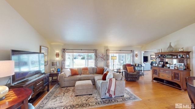 living room with lofted ceiling and hardwood / wood-style flooring