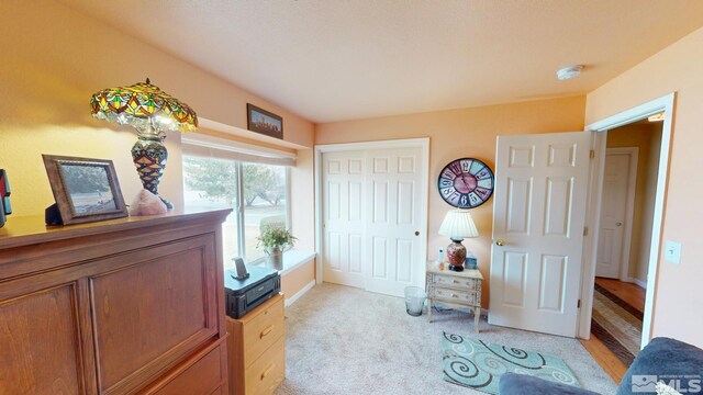 interior space featuring light colored carpet and baseboards