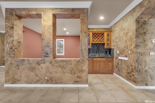 full bathroom with recessed lighting, vanity, ornamental molding, backsplash, and tile patterned floors