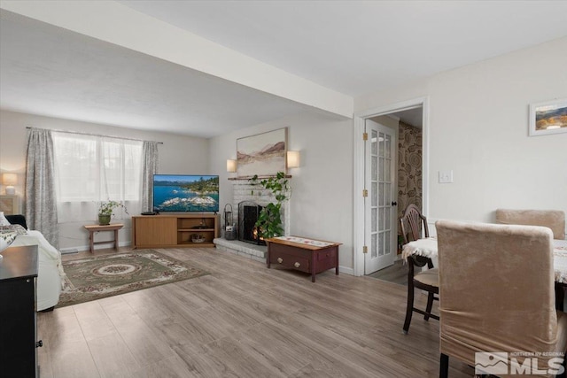 living area featuring a fireplace and wood finished floors