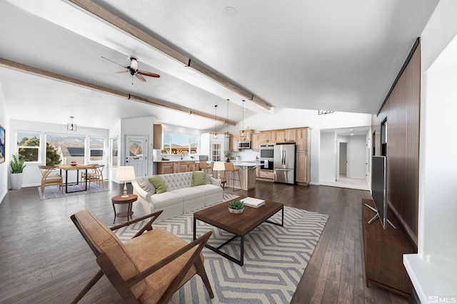 living room featuring vaulted ceiling with beams, baseboards, dark wood finished floors, and a ceiling fan