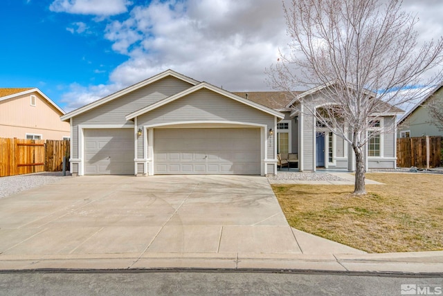 single story home featuring a garage, concrete driveway, fence, and a front lawn