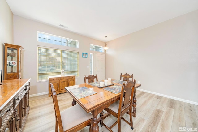 dining room with plenty of natural light, visible vents, and light wood-style floors